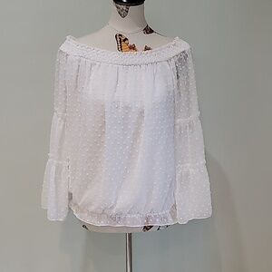 KIRUNDO white peasant top Sheer bell sleeves. Elastic waist. Textured polka dots